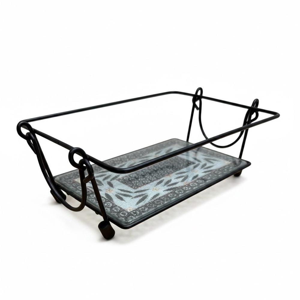Temp-Tations Old World Wrought Iron Casserole Carrier Stand Black Glass Base